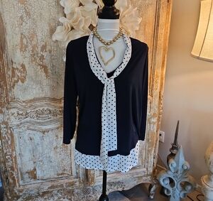 Adrianna Papell Navy Blouse with White Polka-Dot Tie